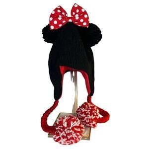 Disney Minnie Mouse Black Knit Beanie with Polka Dot Bow & Red White Pom Poms